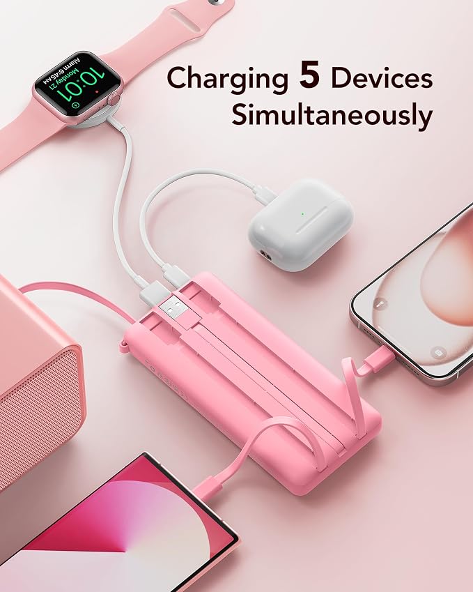 VRURC Portable Phone Charger, Travel Portable Charger with 4 Cables, 5 Outputs 2 Inputs Slim USB C Power Bank, Built-in Cables Cords for iPhone 17 16 15 14 13,Samsung,Android-Barbie Pink(1 Pack) - Image 4