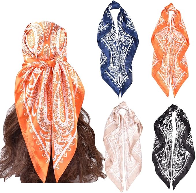 4Pcs Silk Head Scarves for Women Satin Hair Scarf 35”Large Square Bandana Silk by Upeilxd