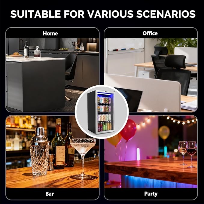 ROVSUN 3.3 Cu.Ft. Beverage Refrigerator Cooler with Double Layer Glass Door & Adjustable Shelf, Beverage Fridge for Home Office Bar, Quiet Mini Fridge Cooler w/Lock for Soda Wine Beer, 32-50°F, Black - Image 6