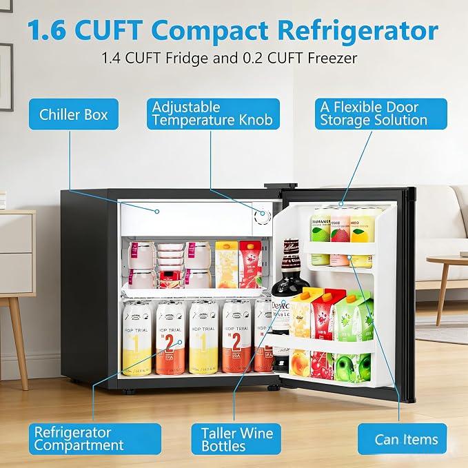 Antarctic Star Mini Fridge with Freezer, Rated 1.6 cu.ft, Small Upright Refrigerator with Removable Shelves, 7 Adjustable Thermostat, Low Noise for Bedroom/Apartment/Office, - Image 2