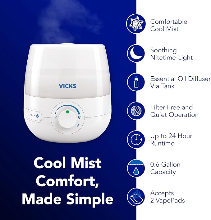 Vicks NaturalCare Cool Mist Ultrasonic Humidifier, Small Room Humidifier for Bedroom, Diffuser with Nighttime Light, Works with Vicks VapoPads, White - Image 2