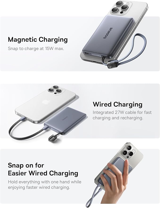 Baseus Picogo Qi2 15W Magsafe Portable Charger, 0.5" Ultra Slim 10000mAh Wireless Power Bank with 27W Built-in USB-C Cable, Magnetic Battery Pack for iPhone 17 Pro Max/17 Pro/Air/16/15/14/13/12 - Image 5