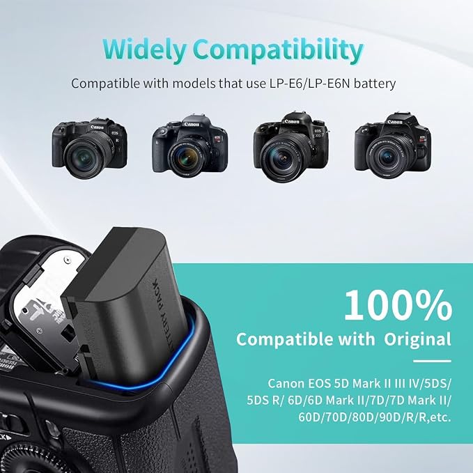 LP LP-E6, LP-E6N Battery 2-Pack, 2600mAh Replacement Batteries - Image 2
