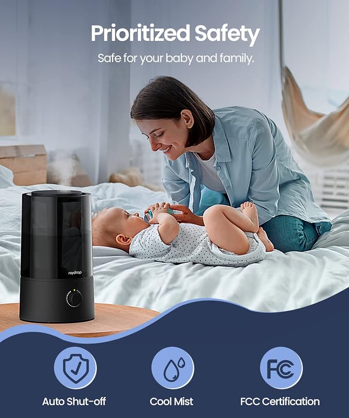 raydrop Humidifiers for Bedroom, Humidifiers for Home & Large Room, Cool Mist Humidfiers for Baby and Plant, Adjustable Mist Level, Auto Shut-Off, Black, 4.0L - Image 5