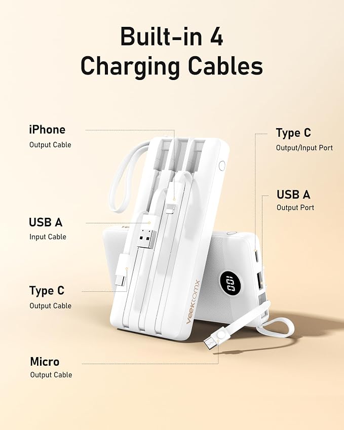 VEEKTOMX Portable Charger Built-in Cables, 10000mAh Power Bank for iPhone, Fast Charge USB C Battery Pack Travel Essentials Powerbank Compatible with iPhone 17/16/15/14, Samsung S25/24, Android, etc - Image 3