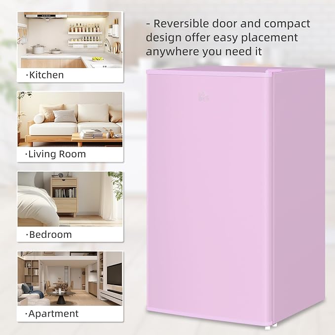 HOMCOM 3.2 Cu.Ft Mini Fridge with Freezer Single Reversible Door Pink | Compact Refrigerator, Adjustable Thermostat, Shelf, for Bedroom Dorm Home Office, Energy Efficient - Image 9