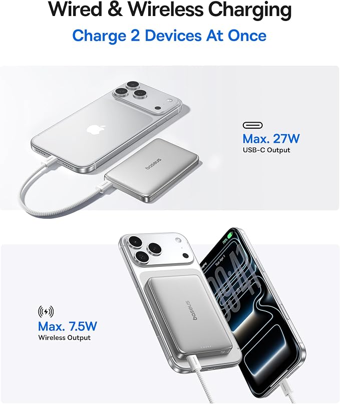 Baseus Picogo Power Bank, 0.5" Ultra Slim 10000mAh MagSafe Portable Charger, 27W Fast Charging Magnetic Battery Pack, Upgraded Polished Alloy Wireless Charger for iPhone 17 Pro Max/Air/16/15/14/13/12 - Image 4