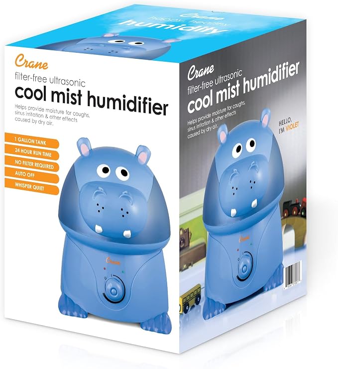 Crane Animal Humidifier for Kids Bedroom, 1 Gal. Cool Mist Humidifier with Adjustable Settings, Optional Filter, Auto Shut-Off, Hippo - Image 2