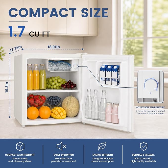 1.7 Cu.Ft Mini Fridge with Freezer,Cream White | Compact Single Door Refrigerator - Energy Saving, Low Noise - Perfect for Office, Apartment, Dorm, Bedroom - Image 2