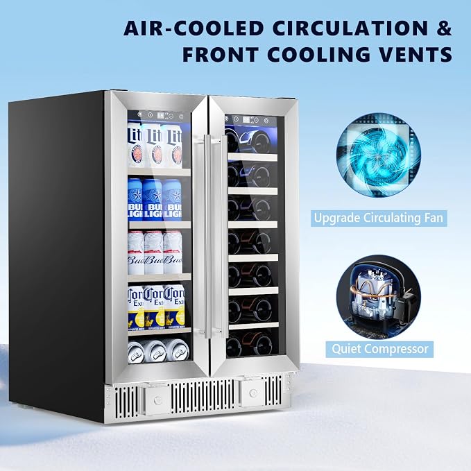 Electactic Dual Zone Wine Cooler with Glass Door, 21 Bottles and 88 Cans Wine and Beverage Refrigerator, 4.4 cu.Ft 24 Inch Built in or Under Counter Wine Fridge with LED Light, Two Door Lock - Image 6