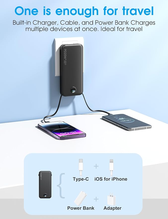 Portable Charger, 10000mAh PD20W Fast Charging Power Bank with Built-in Cables & Wall Plug, External Battery Pack with LED Display, Travel Essentials Battery Bank for iPhone, iPad, Samsung Matte Black - Image 4