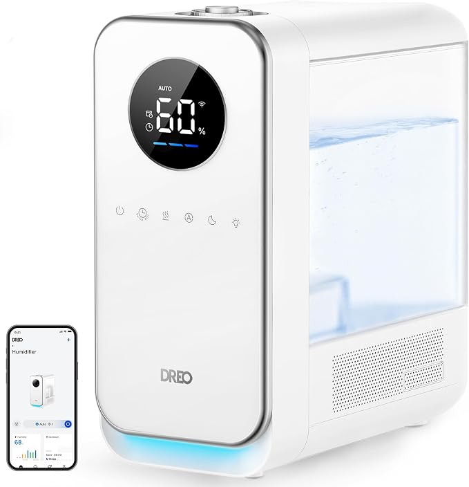 DREO Humidifiers for Bedroom, Top-filled Smart Quiet Cool Mist Humidifier for Large Room Home, Oil Diffuser & Nightlight, 50Hours Runtime for Indoor Plants, with Alexa/Google, White by DREO