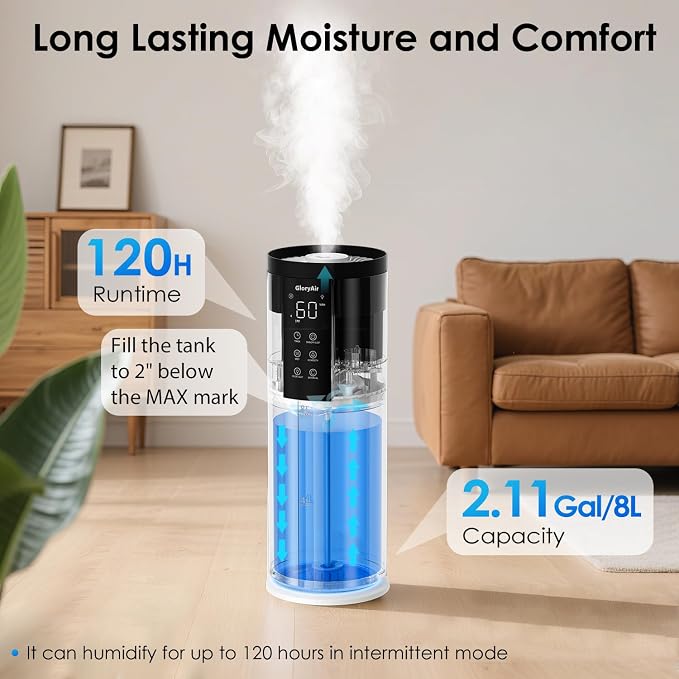 Humidifiers for Large Room 550 ft² - GloryAir 8L Cool Mist Humidifier for Bedroom Home Plants Baby, Top Fill, 120H Runtime, 4 Mist Spray Levels, 7-Color Light, 35dB Quiet Humidifier - Image 2