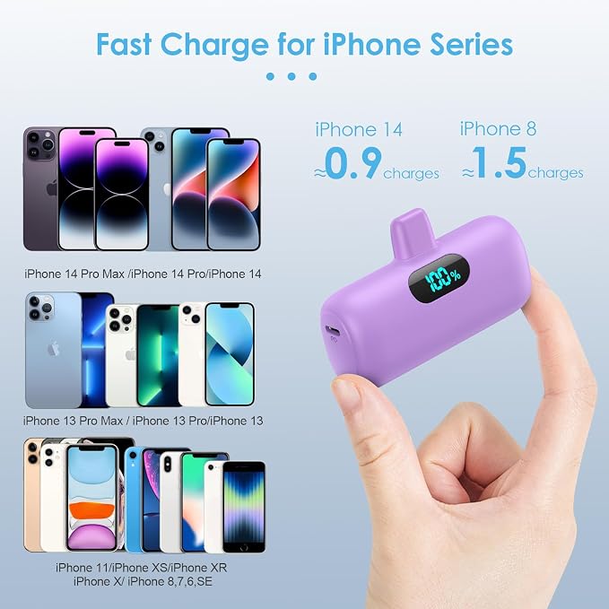 [2 Pack] Small Portable Charger for iPhone,Upgraded 5000mAh PD Fast Charging Power Bank, LCD Display Cute Mini Battery Pack Compatible with iPhone 14/14 Pro Max/13/13 Pro/12 Pro/11/XR/X/8,Black+Purple - Image 2