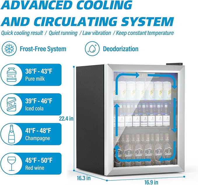 Erivess Beverage Refrigerator and Cooler, 76 Can/1.7 Cu Ft Mini Fridge with Glass Door, Adjustable Shelves for Soda,Beer,Wine, Free Standing Small Refrigerator, Digital Display, for Home, Bar, Office - Image 4