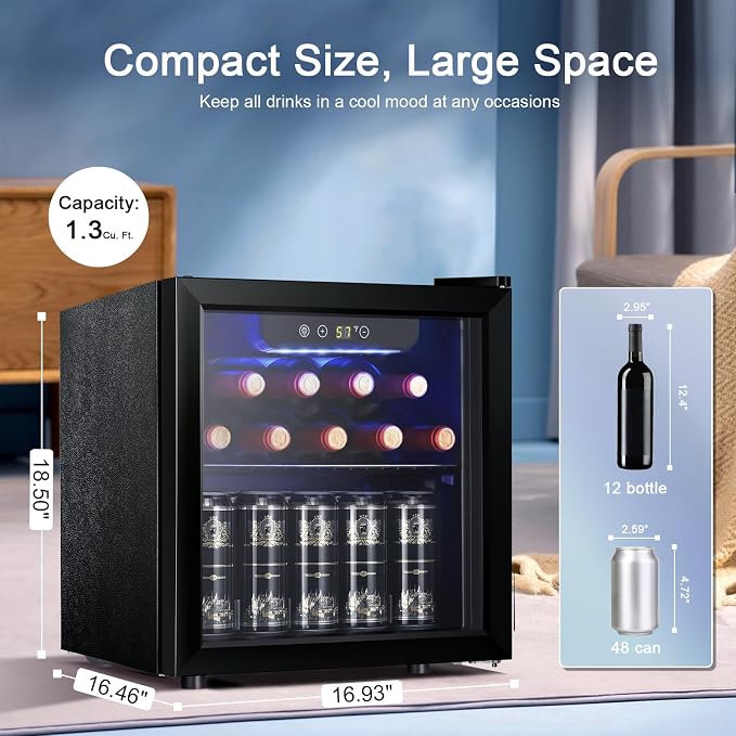 Antarctic Star 12 Bottle/48 Can Mini Fridge Cooler - Beverage Refrigerator Glass Door for Beer Soda Wine, Small Drink Dispenser Clear Front Removable for Home, Office Bar (1.3cu.ft) - Image 3