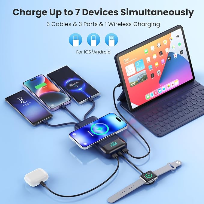 YHO Wireless Portable Charger 40800mAh for iPhone with Built-in Cables,15W Wireless Charging USB C Power Bank,25W PD Fast Charging Travel Essential Battery Pack for iPhone 17/16/15/14-Dark Blue - Image 3