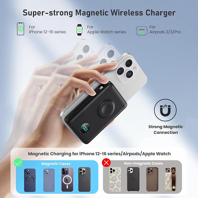 Magnetic Portable Charger for MagSafe with Built-in Cable, iWatch Charger,10800mAh Wireless Power Bank Travel Essentials,25W PD Fast Charging Battery Pack for iPhone 17/16/15/14/13 Series,Apple Watch - Image 6