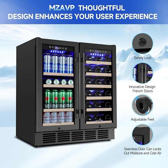 30 Inch Wine and Beverage Refrigerator, Dual Zone 30" Wine Fridge Under Counter/Freestanding, 30 Inch Wide Beverage Cooler with Glass Door, Holds 30 Bottles & 110 Cans for Home Bar Office, Black - Image 6