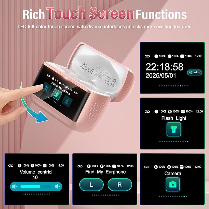 Wireless Earbuds, Touch Screen Case, ANC/ENC Noise Cancelling, 48H, Rosa | Touch Screen Controls, 5 EQ Modes, Bluetooth 5.4, HiFi Stereo, Transparency Mode, IPX7 Waterproof, All-Day Comfor - Image 2