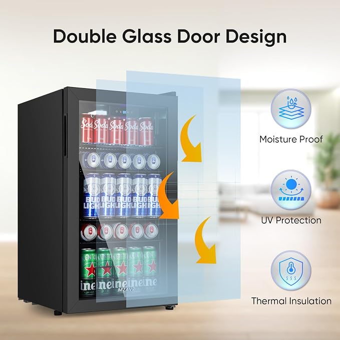 120 Can Beverage Refrigerator, Freestanding Beverage Cooler with Digital Temperature Display, Mini Drink Beer Soda Fridge for Office or Bar, White Indicator Light & Reversible Door - Black - Image 6