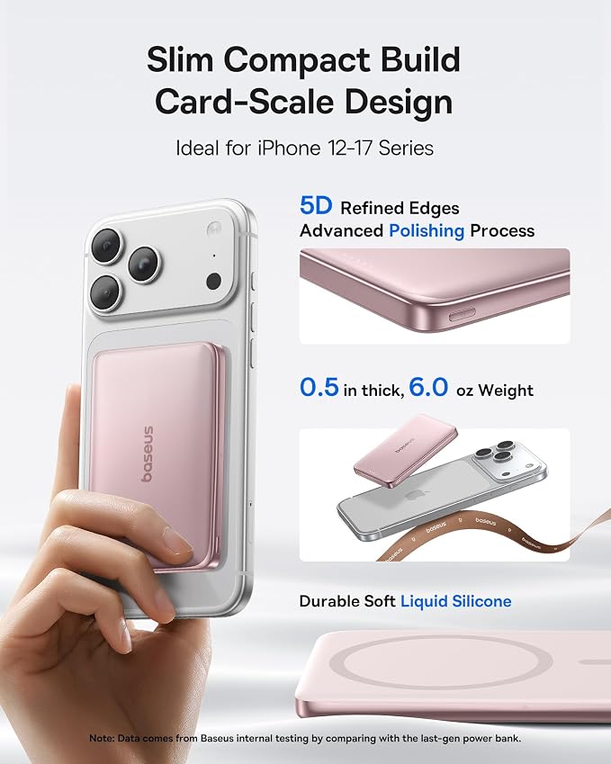 Baseus Picogo Power Bank, 0.5" Ultra Slim 10000mAh MagSafe Portable Charger, 27W Fast Charging Magnetic Battery Pack, Upgraded Polished Alloy Wireless Charger for iPhone 17 Pro Max/Air/16/15/14/13/12 - Image 2