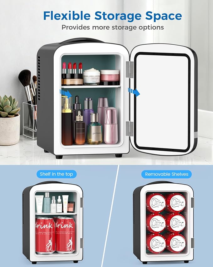 Electactic Mini Fridge for Skincare, 4L/6 Cans Portable Compact Cosmetic Fridge, Retro Desktop Fridge with AC/DC Adapters, Small Cooler and Warmer for Beverage, Makeup, Bedroom, Office, Kids, Black - Image 5