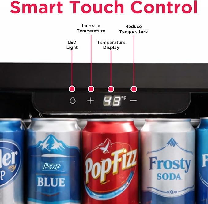 FRIGIDAIRE 12-Bottle Cooler, 1.2 Cu. Ft. Glass Door Beverage Refrigerator, Digital Display Mini Fridge with Touch Controls, Adjustable Shelves, LED Lighting & Quiet Compressor Cooling - Image 6