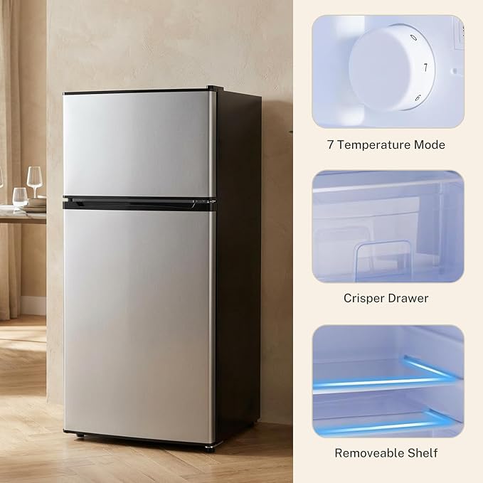 3.2 Cu.Ft Mini Fridge with Freezer, 2 Door Small Refrigerator with Adjustable Thermostat Energy-efficient Low Noise, Compact Fridge for Bedroom, Office, Dorm, Silver - Image 5
