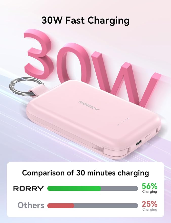 RORRY Portable Charger, 10000mAh PD 30W Fast Charging Portable Charger Power Bank with Built-in Cables, Travel Keychain Charger Battery Pack for iPhone 17/16/15/14/13/12, for AirPods 2/3/4/Pro, Black - Image 3