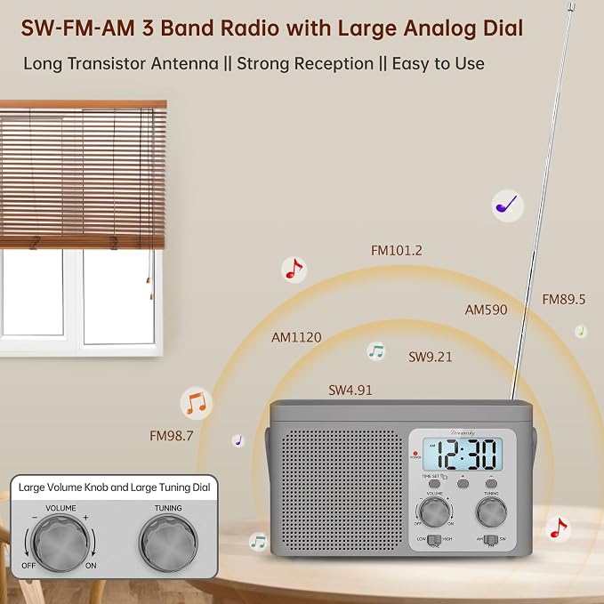 DreamSky AM FM Radio Portable - Shortwave Radio Battery Powered or Plug in Wall for Home Outdoor, Strong Reception, Large Dial Easy to Use, Digital Time Display, Transistor Antenna, Seniors Small Gift - Image 2