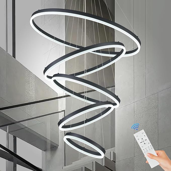 5-Rings D31.5in Modern LED Chandelier Black Dimmable High Ceiling Chandeliers by Sparklelf