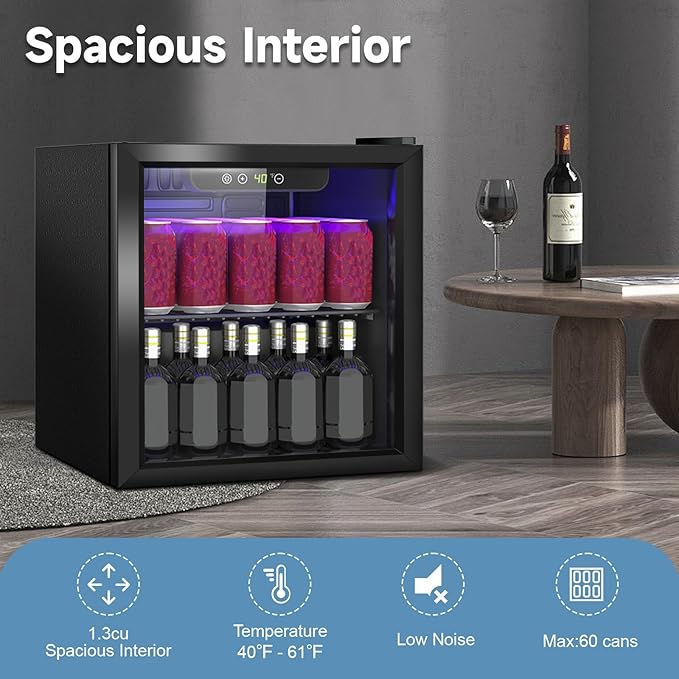 Stopasd Beverage Refrigerator Cooler, 1.3 Cu.Ft/60 Can Drink Fridge with Adjustable Shelves & Glass Door for Soda Wine Beer, Quiet Undercounter Small Fridge for Home/Office/Bar/Garage(40-61 ℉), Black - Image 5