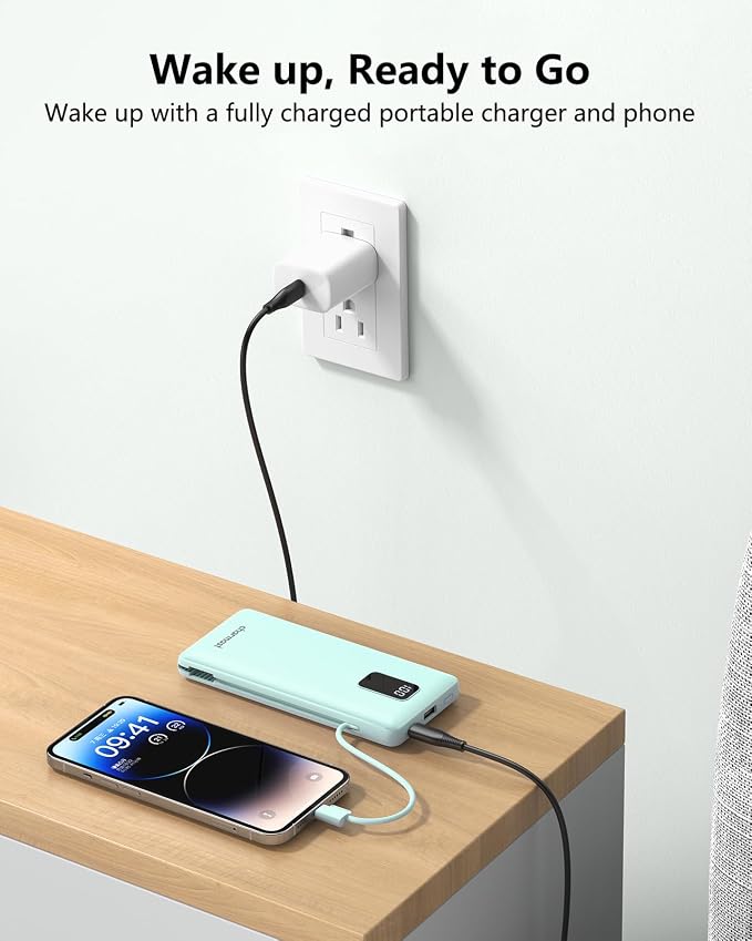 charmast Portable Charger with Built-in Cables and Plug, 10000mAh USB C Power Bank Fast Charging, External Battery Pack Slim, Travel Essentials Compatible with iPhones, Samsung Galaxy, iPad - Image 7