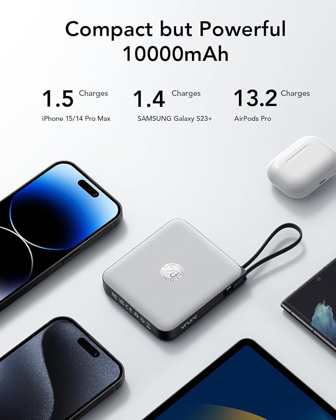 VRURC Portable Charger with Built-in Cable, 10000mAh 22.5W Fast Charging USB C Battery Pack, Cell Phone Power Bank for iPhone 17 16 15 Series Android Tablet (Grey) - Image 3