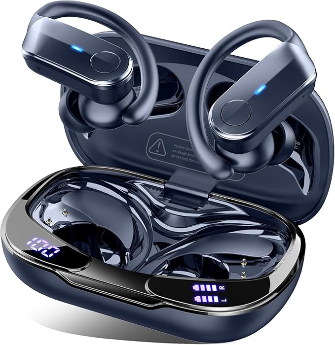 Ordtop Sport Wireless Earbuds with Earhooks, 70H, IPX8 Waterproof, Blue | Bluetooth 5.4, 4 ENC Microphones, Deep Bass Sound, LED Display, USB-C Fast Charging, Secure Fit For Running, Gym And Workouts by Ordtop
