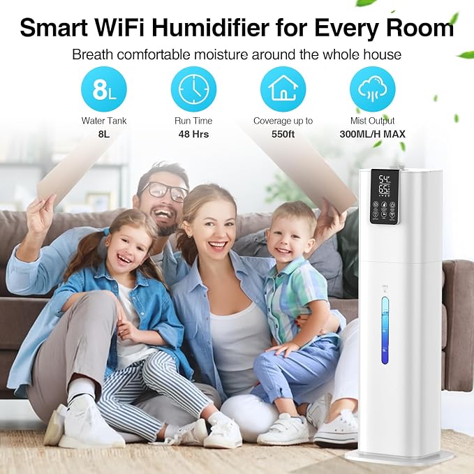 Smart Humidifiers Large Room Bedroom Home,2.11Gal(8L) Quiet Top Fill Cool Mist Humidifier,Smart App & Remote Control, 3 Speed Humidifier with 360°Nozzle,Humidity Setting for Baby Office Plant(White) - Image 2