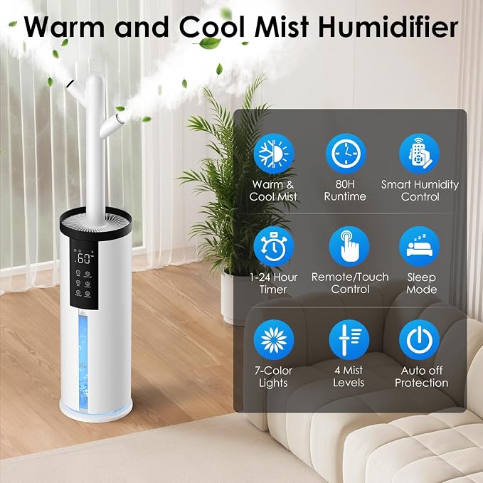 Humidifiers for Bedroom - GloryAir 2.11Gal (8L) Quiet Top Fill Cool & Warm Mist Humidifier Large Room 650 ft² with Humidistat, diffuser, Auto Mode, 7-Color Light for Plants, Baby,Adults, Office & Home - Image 4