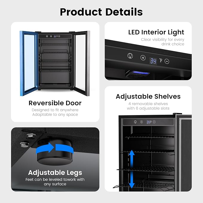 Feelfunn 4.5 Cu.Ft Beverage Refrigerator Cooler - 145 Can Mini Fridge Glass Door for Soda Beer Wine, Small Refrigerator for Bedroom Office Home Bar, 4 Adjustable Shelves, Silver - Image 6