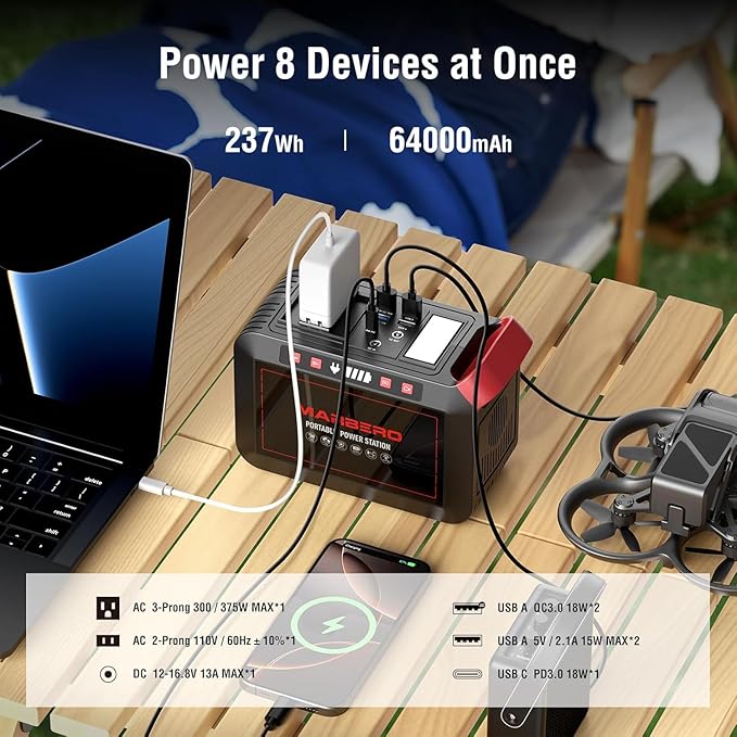 Portable Power Station 300W MARBERO 237Wh Camping Solar Generator Backup Lithium Battery with Pure Sine Wave 110V AC Outlet, USB C, USB A, DC for Outdoors Camping CPAP Home Blackout Emergency - Image 3