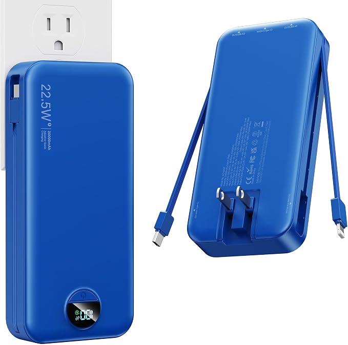 Portable Charger, 20000mAh 22.5W Fast Charging Power Bank with Built-in Cables & Wall Plug, USB C External Battery Pack with LED Display, Travel Essentials Phone Charger for iPhone iPad Samsung Navy by NUSYDDY