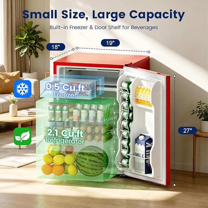 2.6 Cu Ft Small Fridge with Freezer for Office Red | Mini Refrigerator for Dorm Bedroom, Compact Fridge, Energy-efficient, Low Noise - Image 2