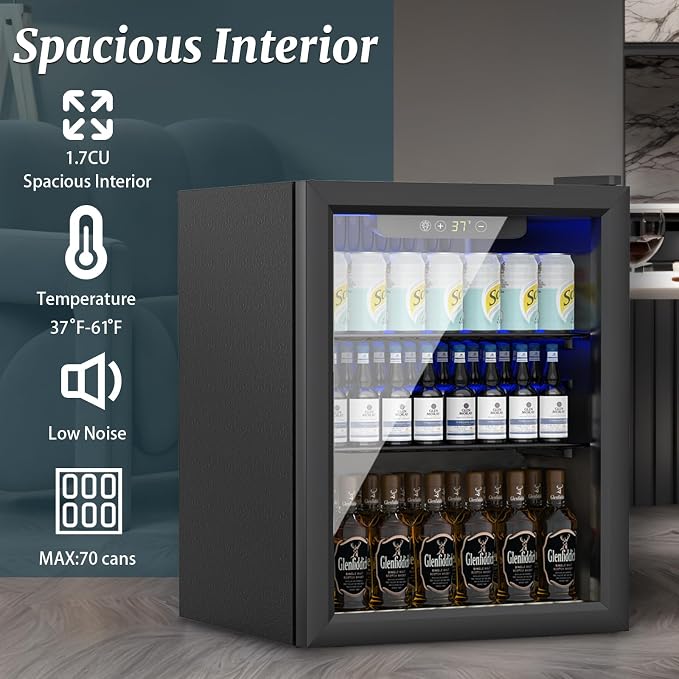 Compact 70 Can/1.7Cu.Ft Mini Fridge, Reversible Glass Front Door | For Soda, Beer or Wine, Portable Small Beverage Refrigerator with Digital Display & Removable Shelves for Office, Dorm, Bar - Image 4