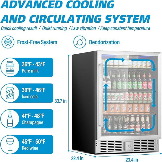 Erivess 24 inch Beverage Refrigerator, Under Counter Small Refrigerator, 166 Can/5.3 Cubic Large Fridge with Glass Front Door for Soda Wine Beer, Adjustable Temperature Control for Home Office(Silver) - Image 4