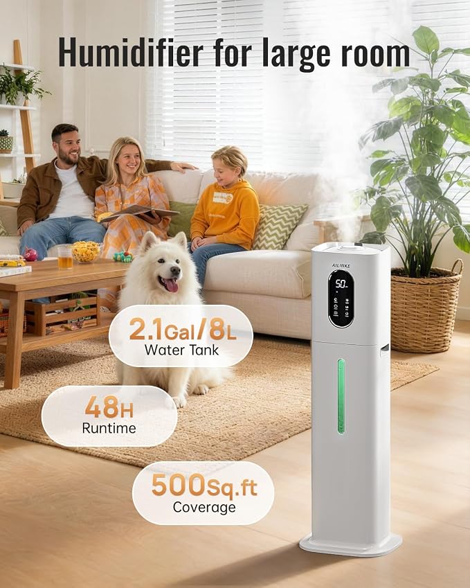 Humidifier Large Room Bedroom with Night Light, 2.1Gal(8L) Humidifiers for Home with Essential Oil Diffuser, Top Fill Whole House Cool Mist Humidifiers for Plants Baby Kids Adults(White) - Image 2