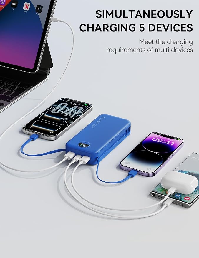 Portable Charger, 20000mAh 22.5W Fast Charging Power Bank with Built-in Cables & Wall Plug, USB C External Battery Pack with LED Display, Travel Essentials Phone Charger for iPhone iPad Samsung Navy - Image 6