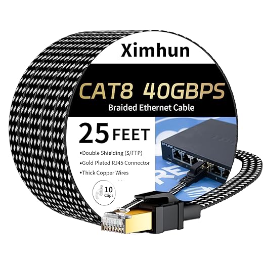 Cat 8 Ethernet Cable 25 FT, High-Speed Braided Internet Cable Network Cord by XimhunEthernetCable