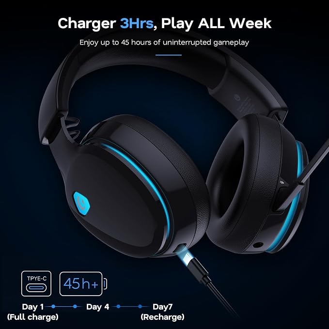 AOC 2.4GHz Wireless Gaming Headset for PS5, PS4, PC, Switch, 45Hr, Black | Bluetooth 6.0 Gaming Headphones with Noise Canceling Mic, 7.1 Virtual Surround, Great for Fortnite & Call of Duty/FPS Gamers - Image 6