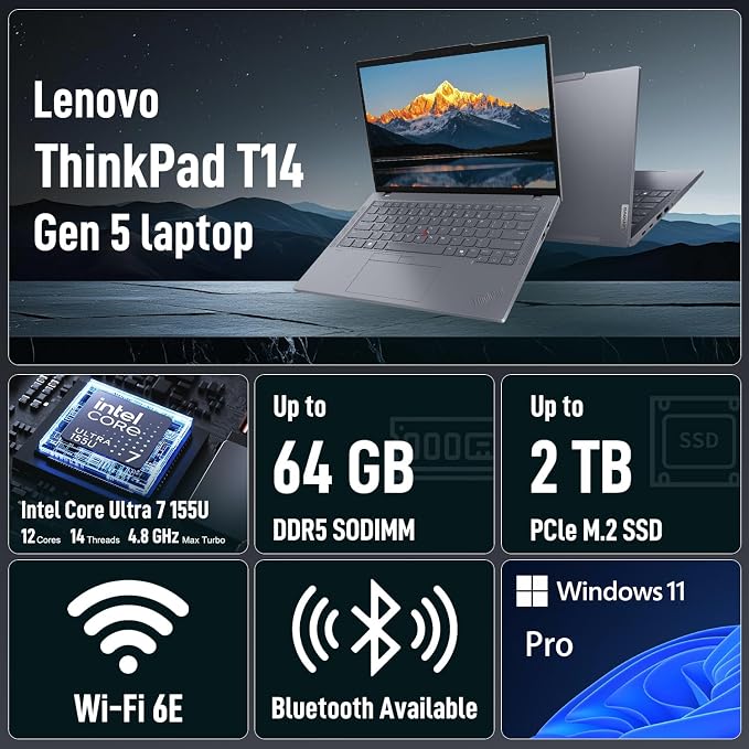 Lenovo ThinkPad T14 Business AI Laptop, 14" FHD+ IPS, Intel Core Ultra 7 155U, 16GB DDR5, 512GB SSD, 5MP Webcam, Fingerprint, Backlit, Wi-Fi 6E, Thunderbolt 4, Windows 11 Pro, 7-in-1 USB-C Hub Bundle - Image 2