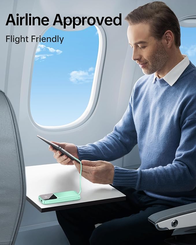 RONEGN Portable Charger with Built in Cable - Power Bank Fast Charging USB C LED Display 10000mah Battery Pack 5 Outputs & 3 Inputs for Travel Essentials iPhone Samsung Android Phones Tablets Cyan - Image 6